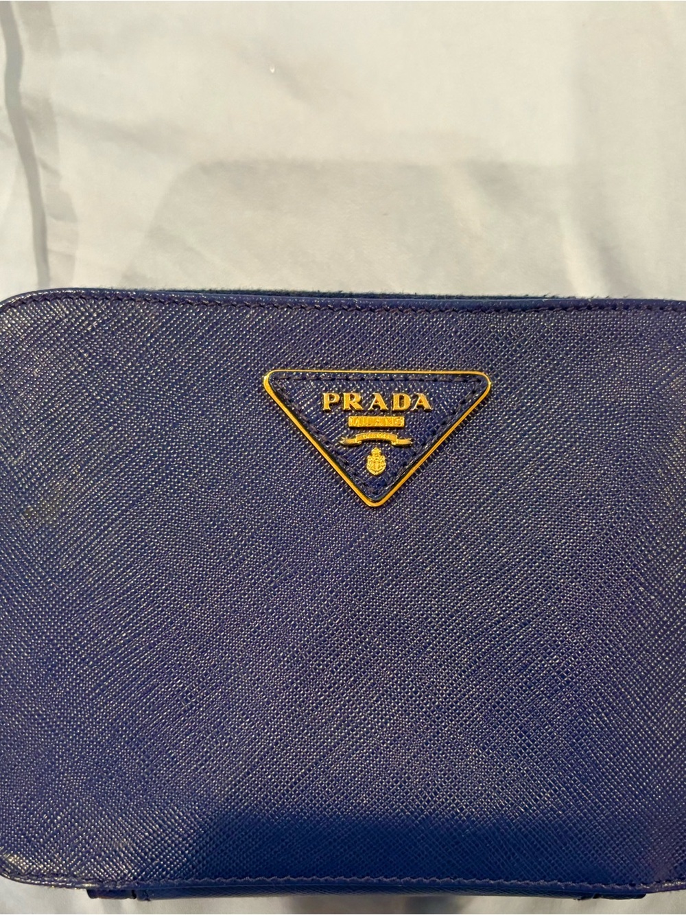 Prada Blue Saffiano Leather Cross Body Handbag with Gold Logo